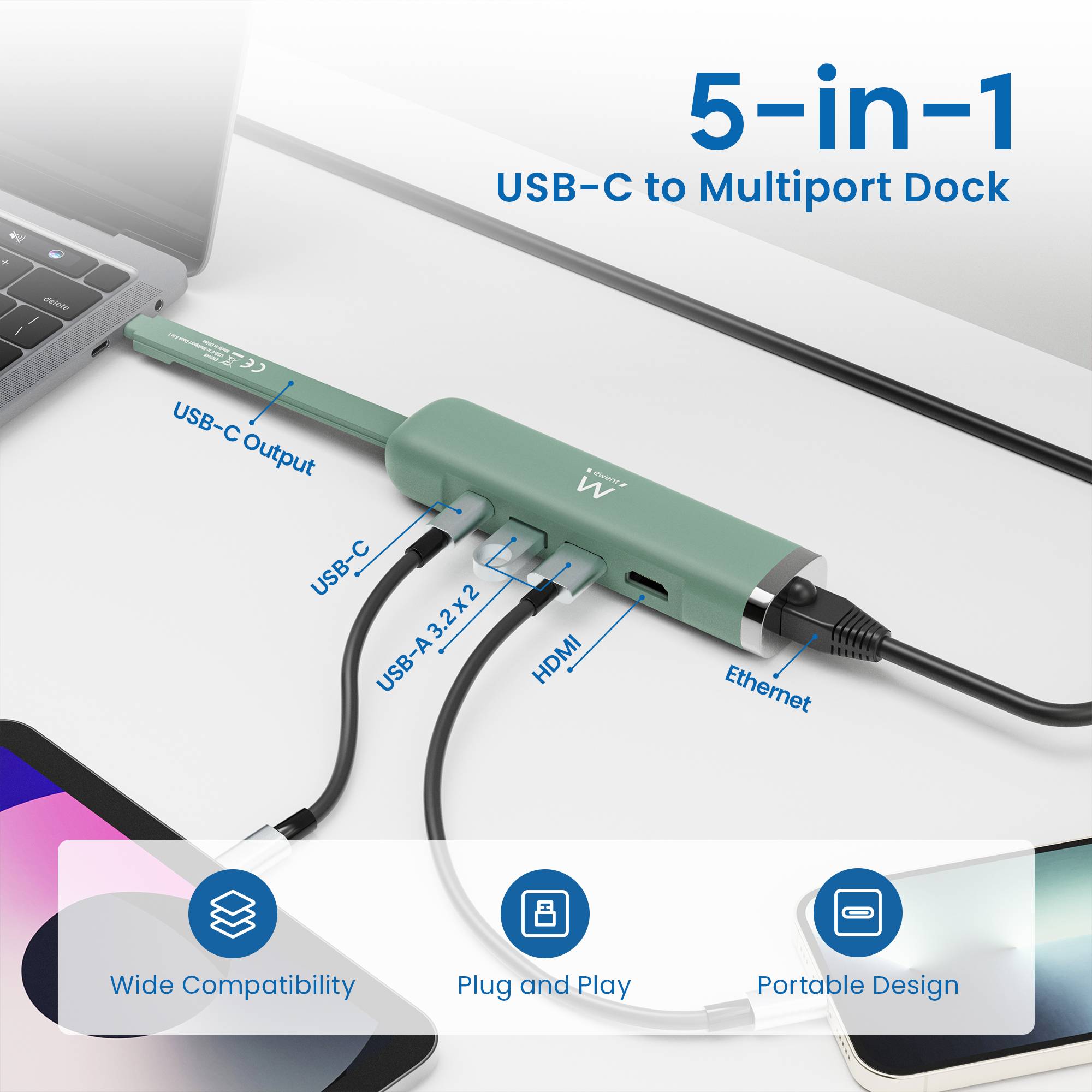 USB-C a Multiport Dock 5 in 1, HDMI 4K | 100W | 1x USB-C PD | 2x USB-A | LAN-3
