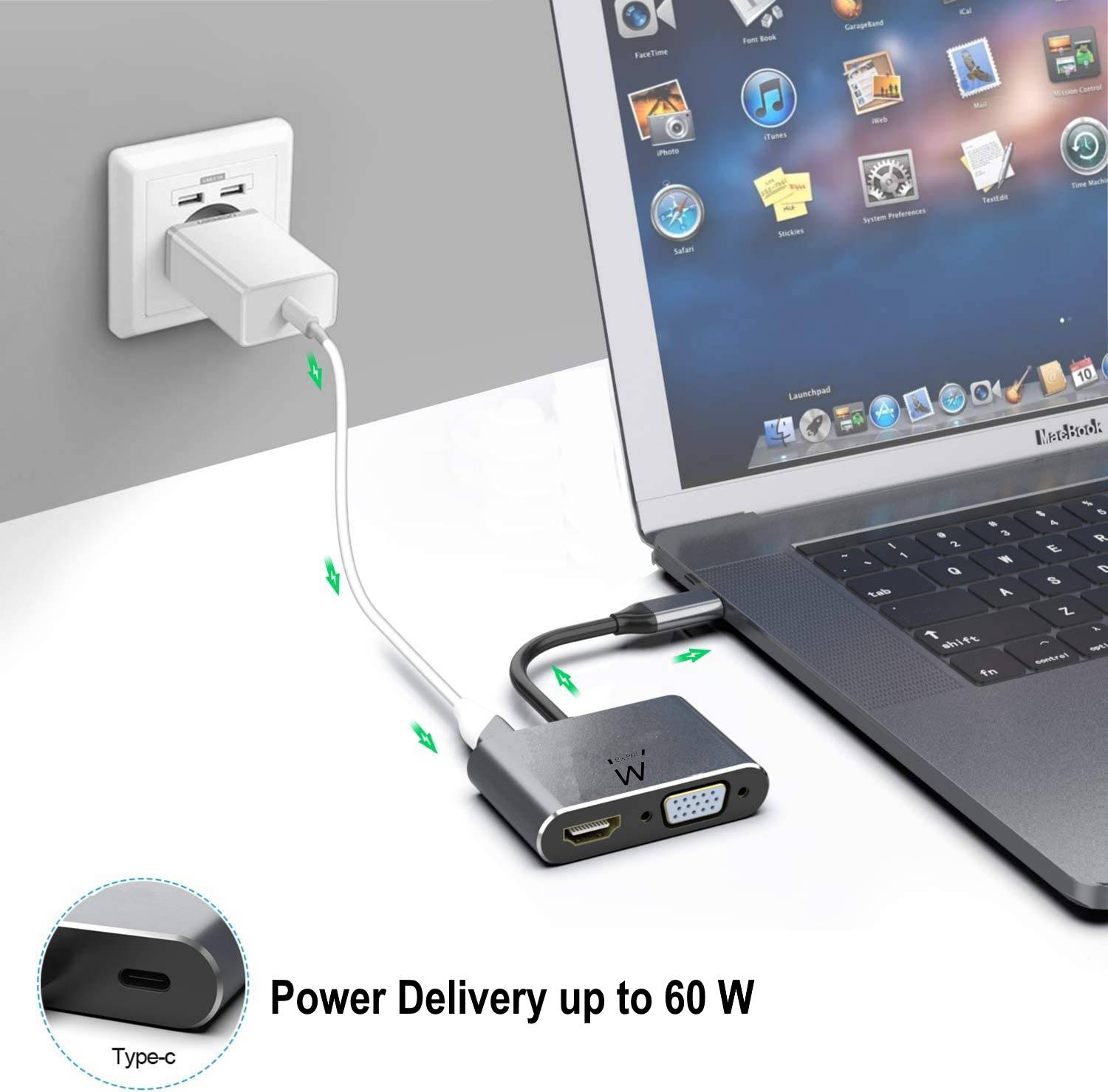 USB-C a Dock multiporta 4 in 1, HDMI 4K, VGA, USB 3.2 Gen1, USB-C PD 60W-2