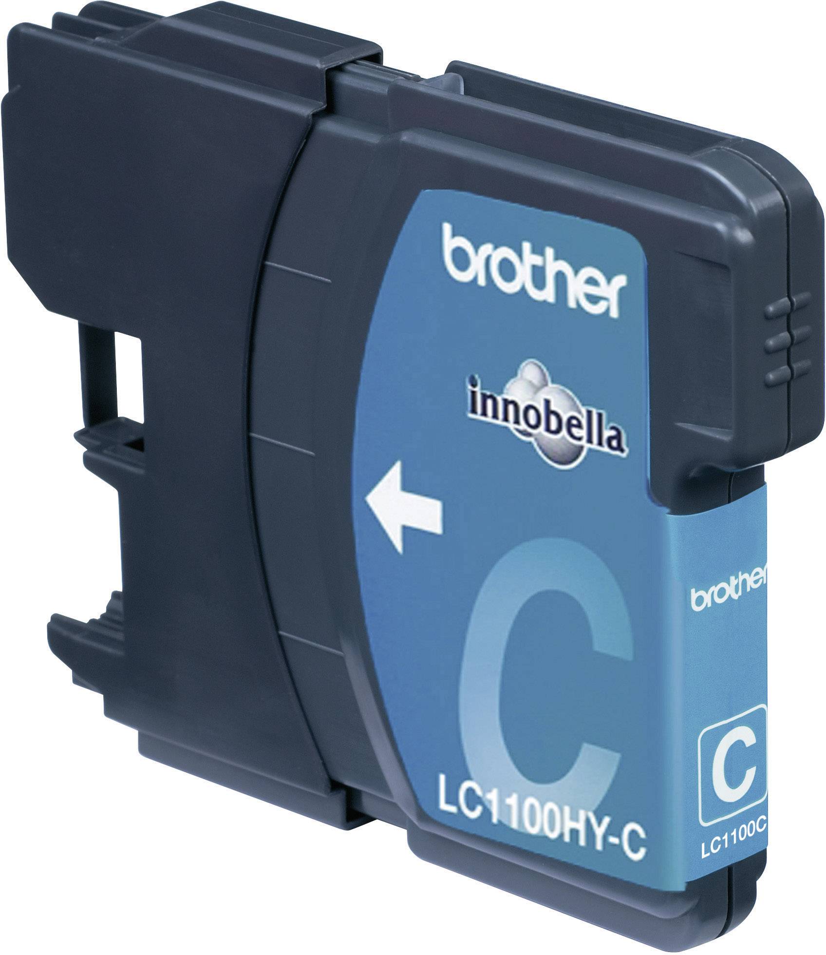 Una cartuccia di inchiostro Brother blu con la denominazione 'LC1100HY-C', adatta per stampanti e con una freccia bianca rivolta a sinistra.