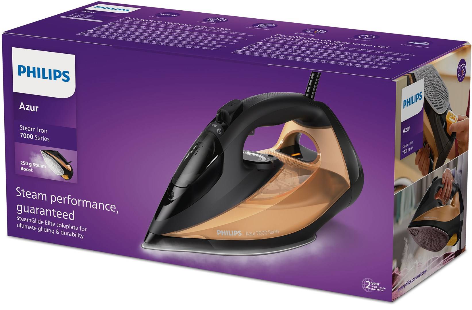 Philips 7000 series DST7040/80 ferro da stiro Ferro a vapore Piastra soletta SteamGlide Elite 2800 W Nero, Oro-2