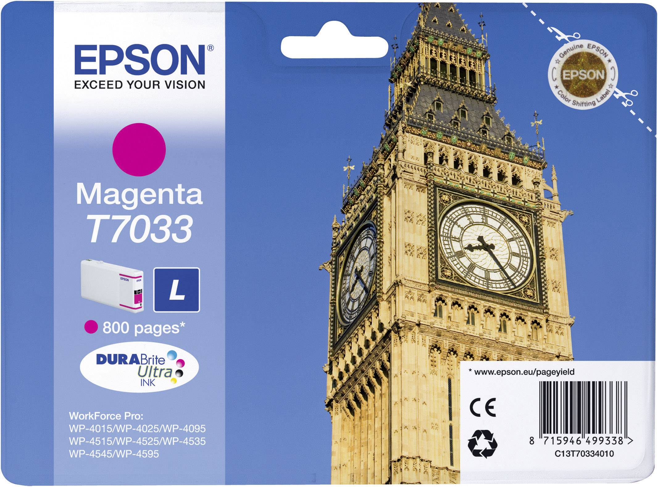 Confezione di cartucce d'inchiostro per stampanti Epson, colore Magenta T7033, per 800 pagine. L'immagine mostra il Big Ben sullo sfondo.