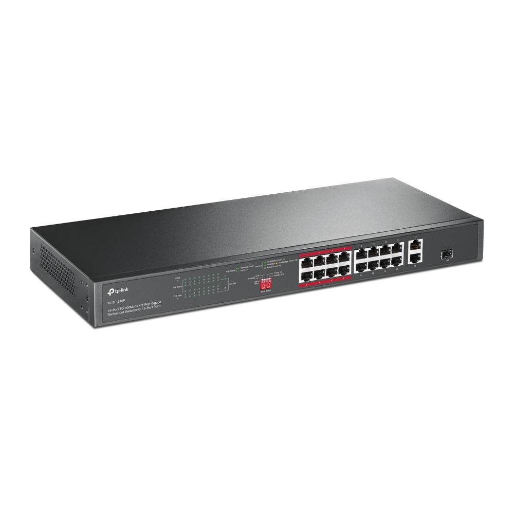 TP-Link TL-SL1218P | Switch | 16x RJ45 100Mb/s PoE+, 2x RJ45 1000Mb/s, 1x SFP Combo, Rack, non gestito-1