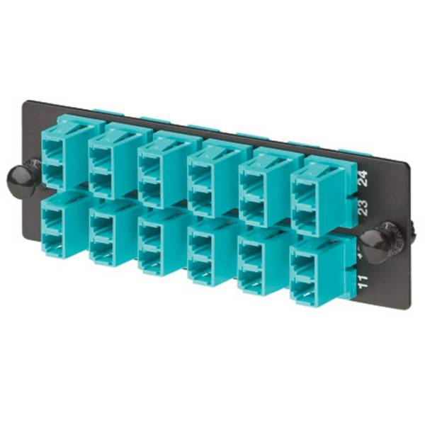 PANNELLO CON 12 ADATTATORI LCD PANNELLO CON 12 ADATTATORI LC DUPLEX MM OM3/OM4 CON MANICOTTO IN ZIRCONIO AQUA