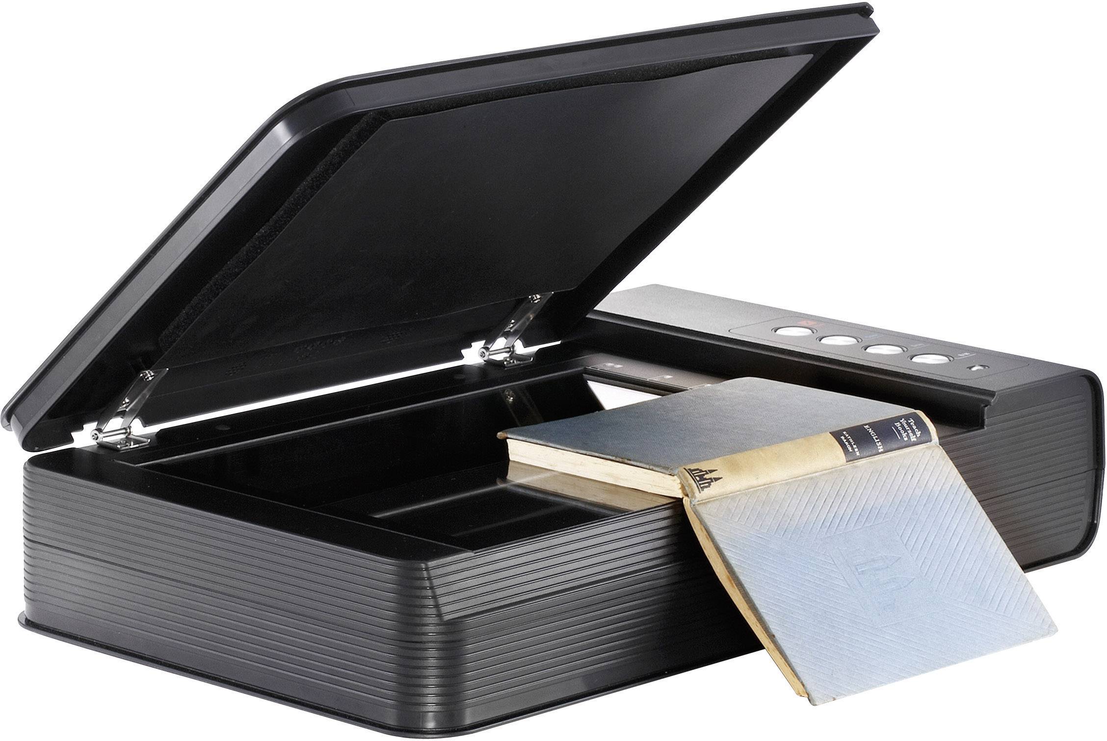 Un scanner aperto con un libro e un blocco note appoggiati, pronto per la digitalizzazione dei documenti.