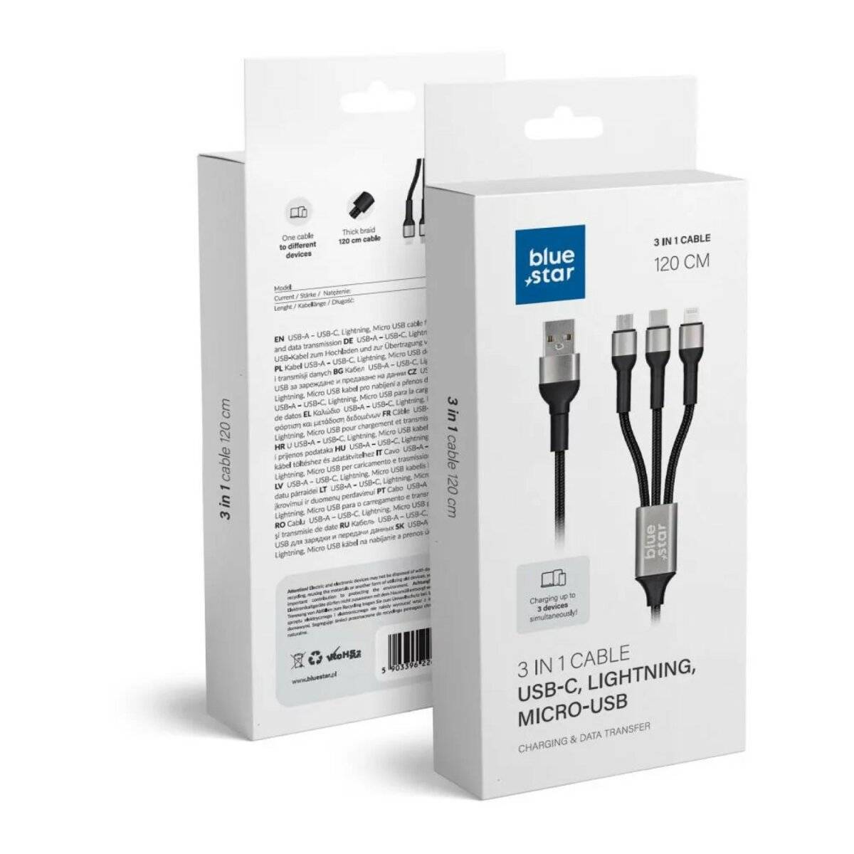 Cavo dati Blue Star – 3in1 con prese Micro-USB, USB-C e iPhone-3