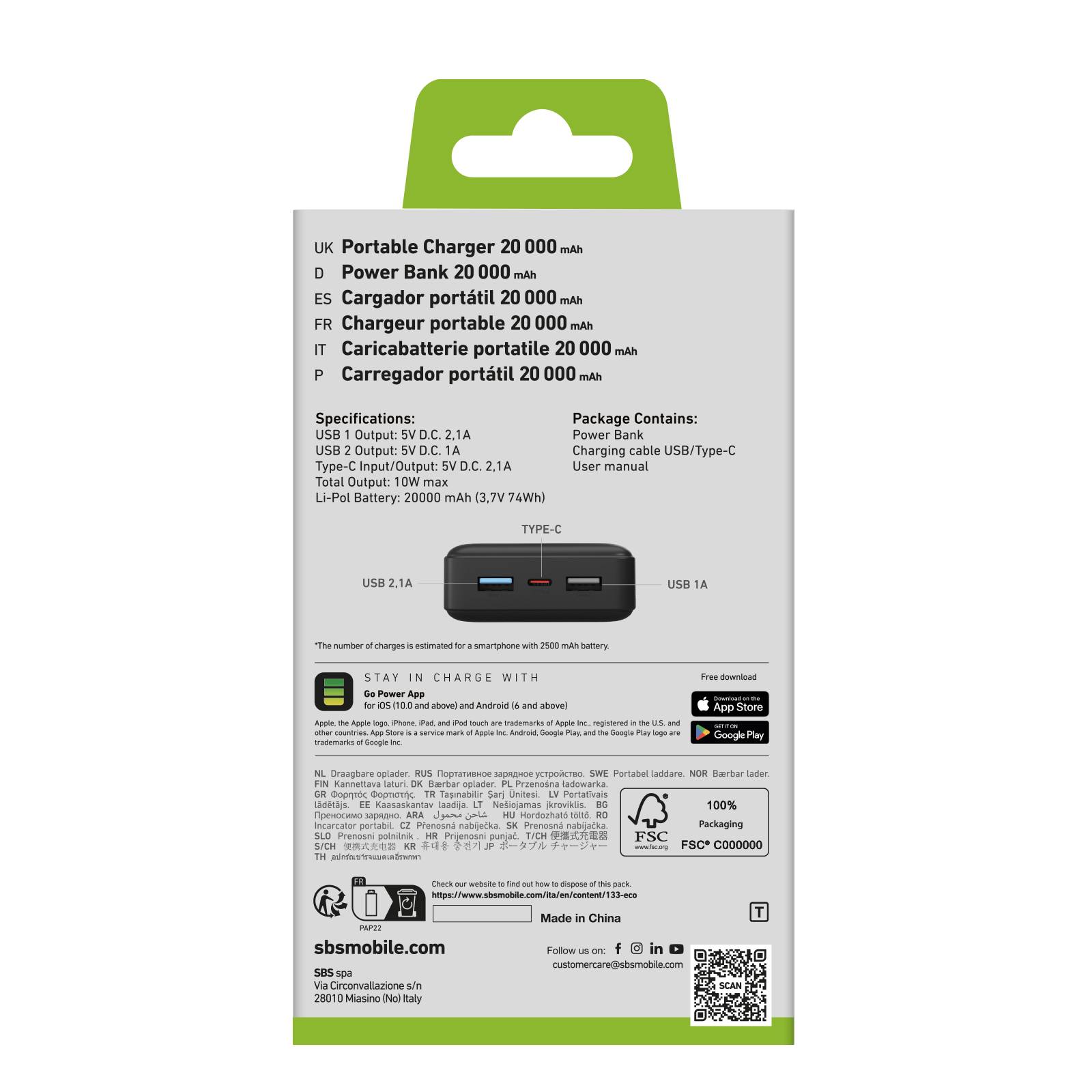 Power bank 20.000 mAh extra slim con porta USB 2.1A Intelligent Charge (IC)-2