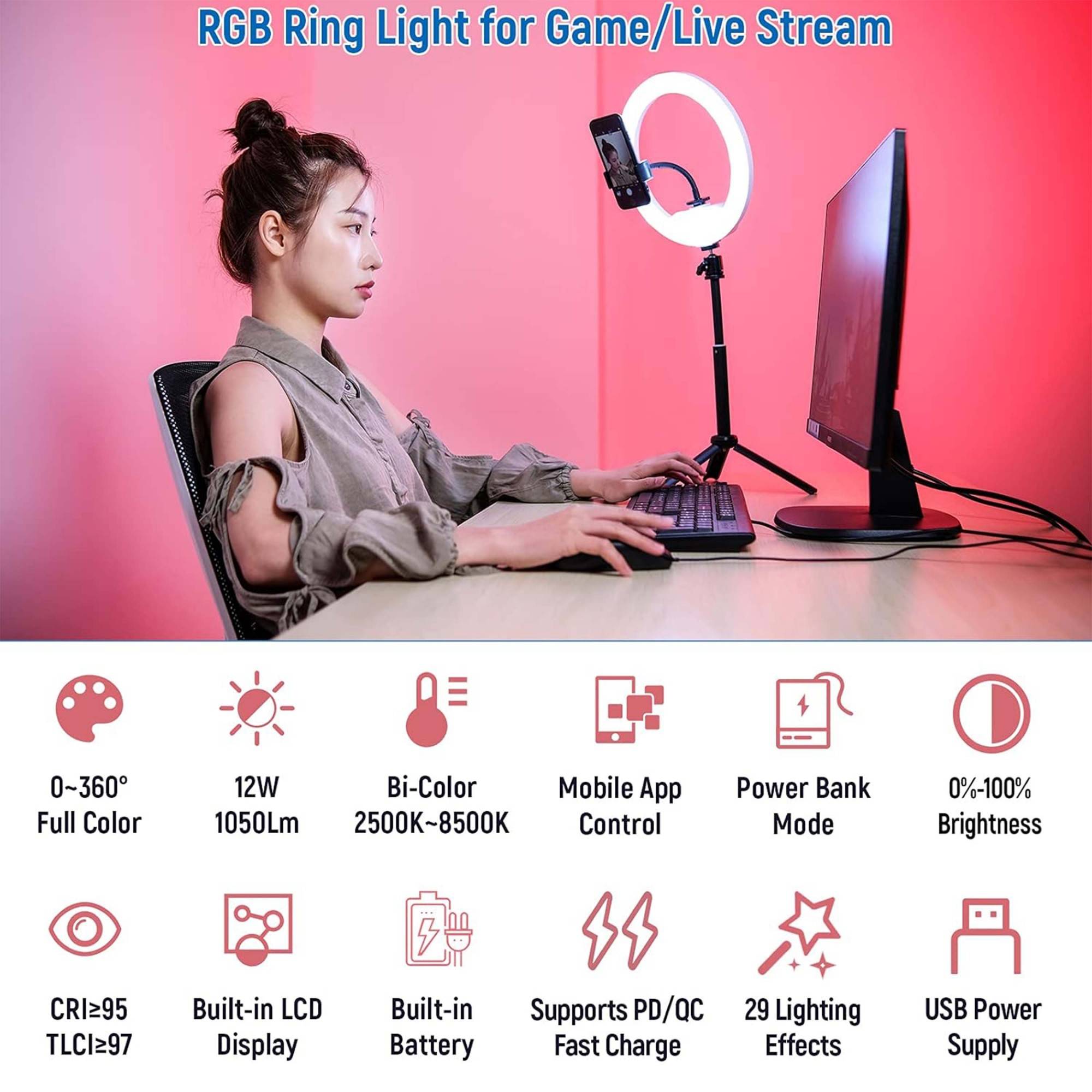 Luce Ad Anello Rgb Da 14" Controllo App Batteria Integrata Ring Light Treppiede-2