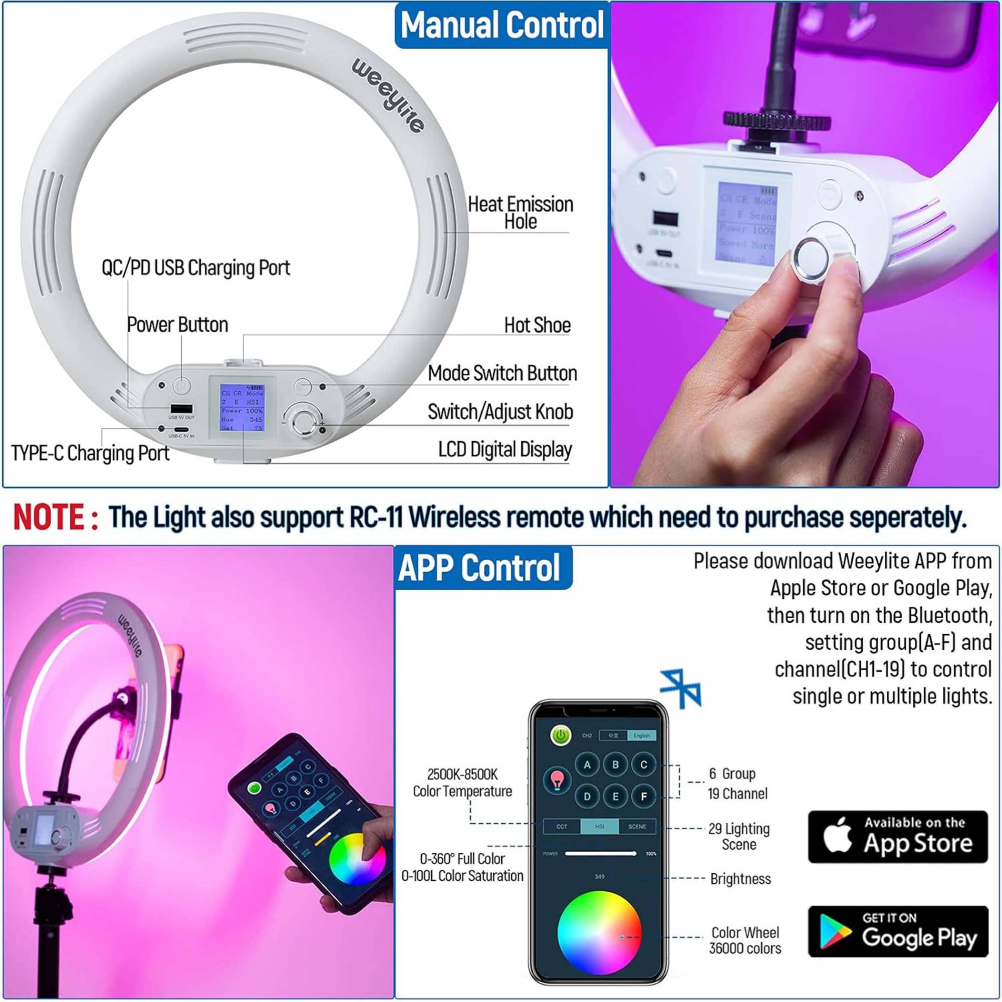 Luce Ad Anello Rgb Da 14" Controllo App Batteria Integrata Ring Light Treppiede-3