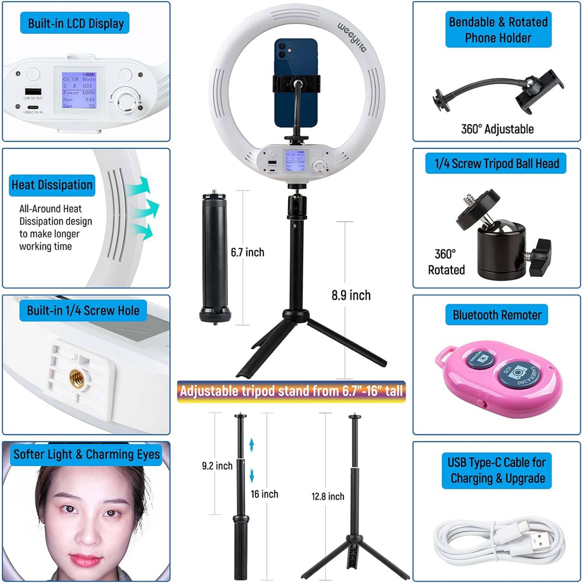 Luce Ad Anello Rgb Da 14" Controllo App Batteria Integrata Ring Light Treppiede-4