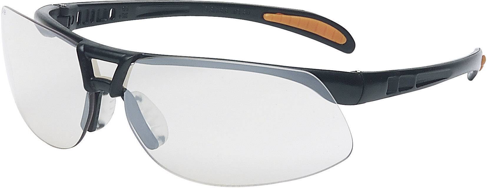 Un semplice paio di occhiali protettivi con lenti trasparenti e montatura nera. I bracci sono parzialmente colorati di arancione.