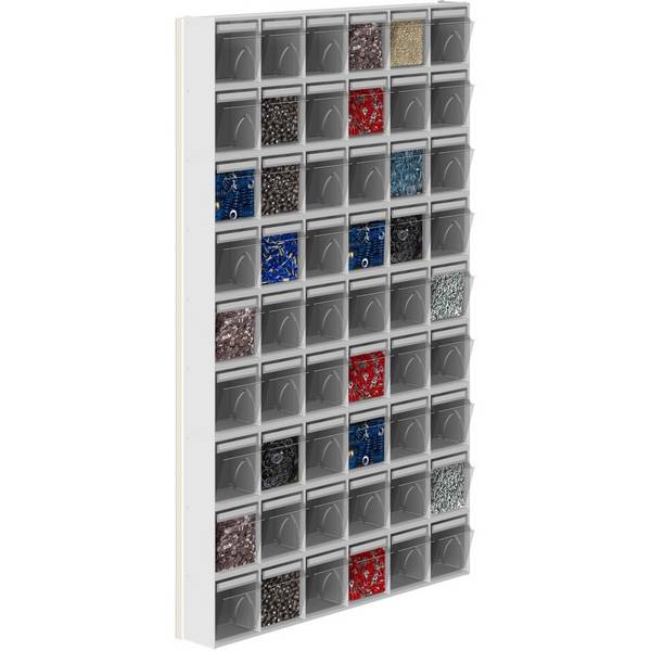 Scaffale Porta Minuteria 54-6 Cassetti Basculanti in Plastica Trasparente Portaminuterie Cassettiera