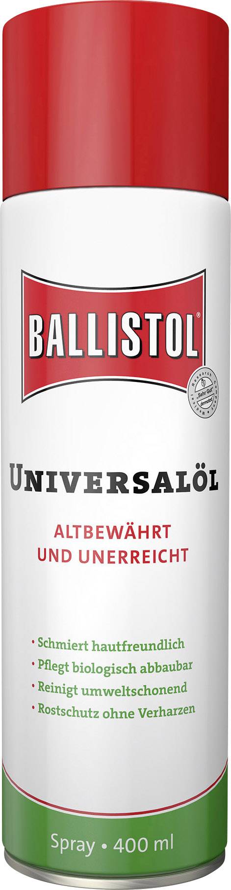 Una bomboletta spray di Ballistol olio universale con tappo rosso ed etichetta bianca. Testo: 'Collaudato e insuperabile'. Contenuto: 400 ml.