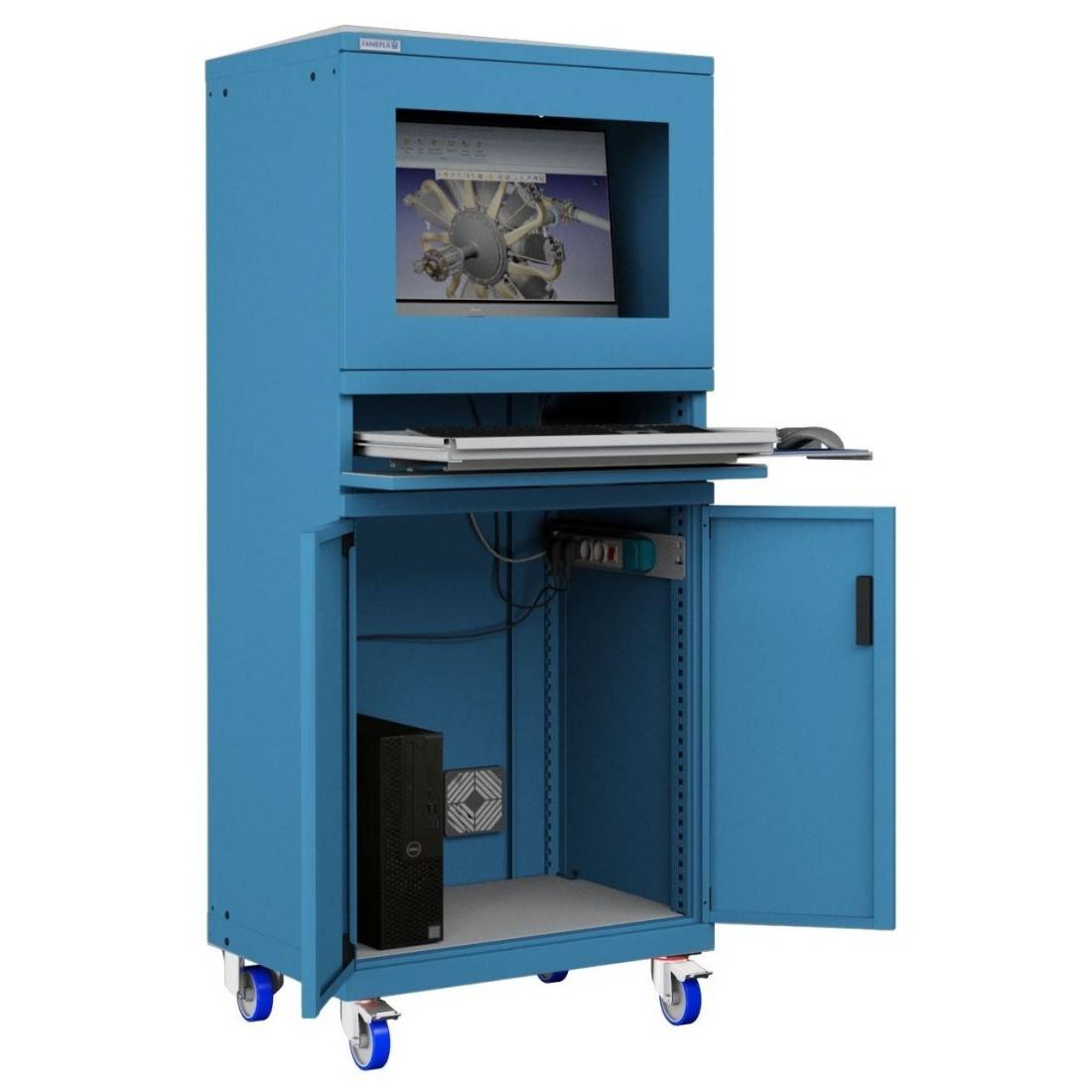 ARMADIO PORTA COMPUTER PC CON RUOTE PROFESSIONALE CON TASTIERA ESTRAIBILE - Impianto compreso COLORI DISPONIBILI BLU RAL-0