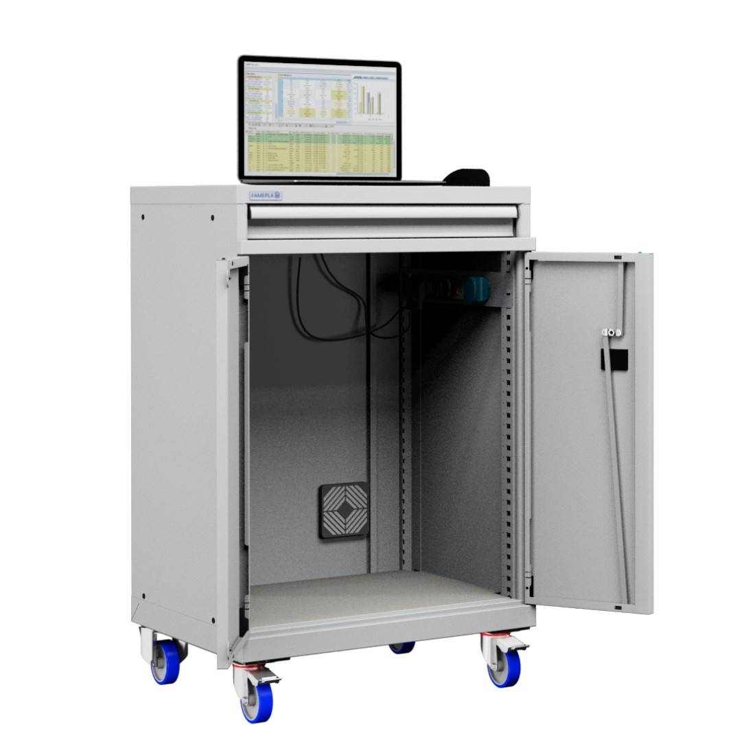 Carrello Porta Pc Notebook Professionale con ruote cassetto e vano ventilato Impianto compreso COLORI DISPONIBILI GRIGIO-0