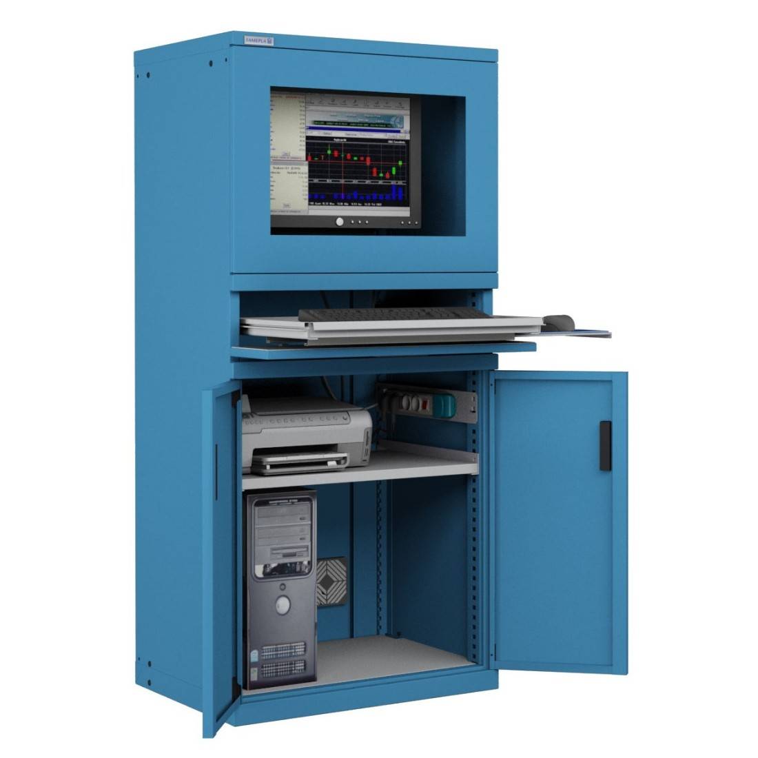 ARMADIO PORTA COMPUTER PC PROFESSIONALE CON TASTIERA ESTRAIBILE + RIPIANO - Impianto compreso COLORI DISPONIBILI BLU RAL-0