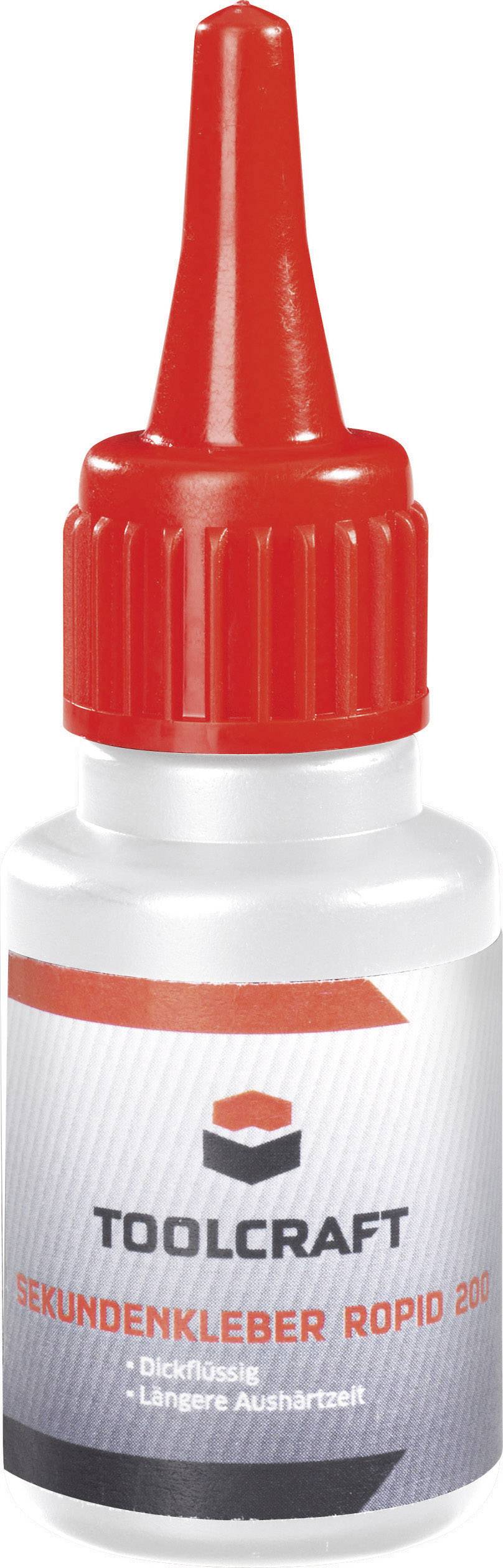 Bottiglia di un istantaneo adesivo del marchio Toolcraft con tappo rosso e testo sull'etichetta: 'Adesivo istantaneo Ropid 20g, viscoso, tempo di indurimento prolungato'.