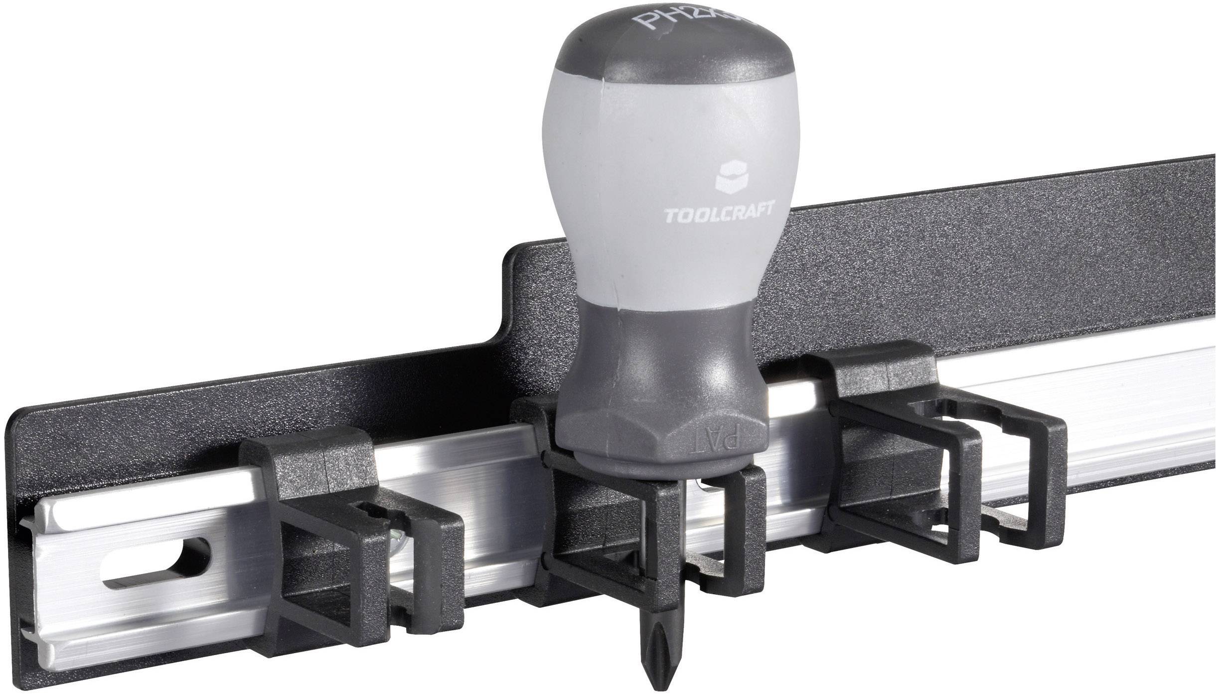 Cacciavite con impugnatura grigia montato su un supporto magnetico per utensili, pronto per essere conservato o utilizzato.
