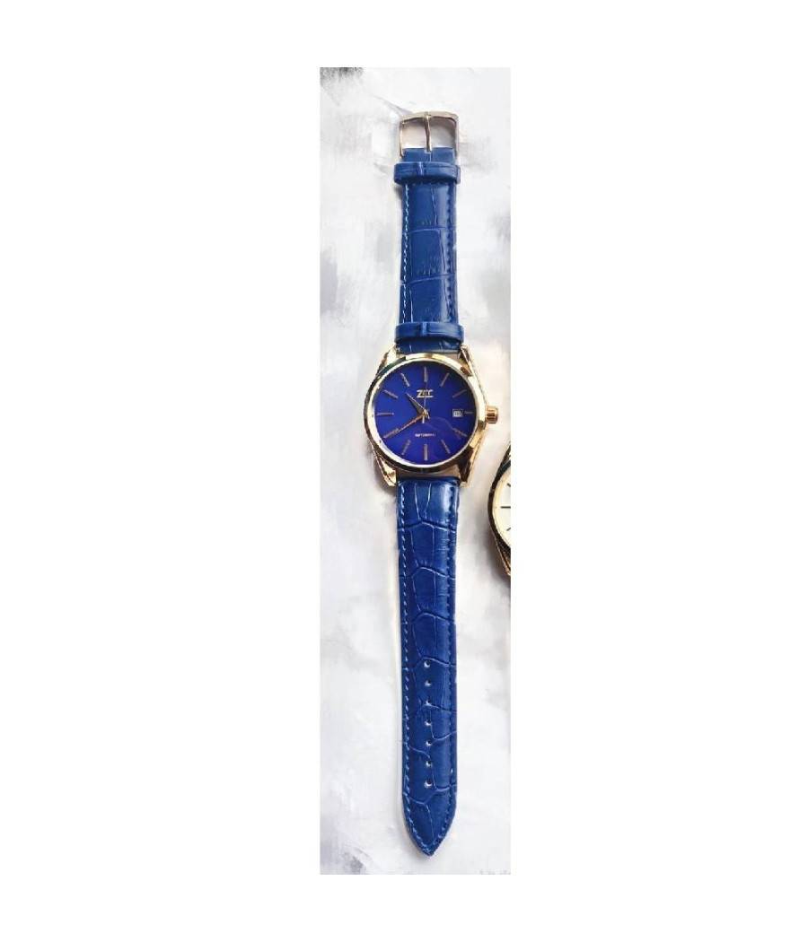 Orologio Polso Zcc Z003 Uomo Analogico Automatico Data Elegante Pelle Blu Dorato --0