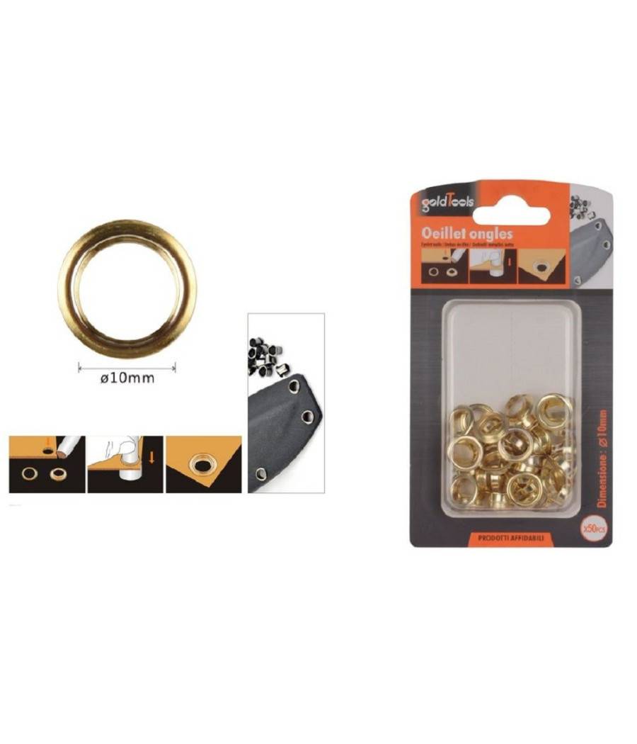 Kit 50 Pz Occhiello Occhielli Metallici Foro ø10mm In Metallo Dorato Pelle 90925 --0