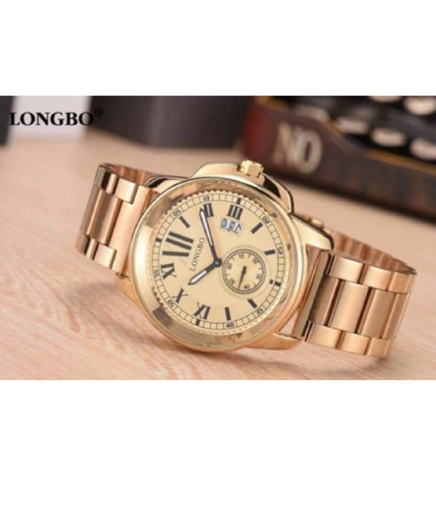 Orologio Polso Acciaio Longbo Uomo Dorato Analogico Classico Elegante Waterproof --0