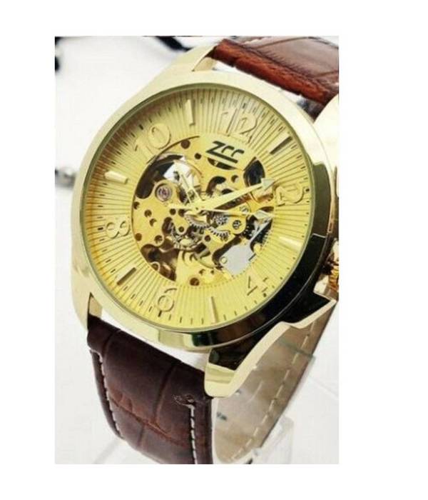 Orologio Da Polso Zcc Uomo Automatico Cinturino Pelle Moda Casual Marrone Dorato -