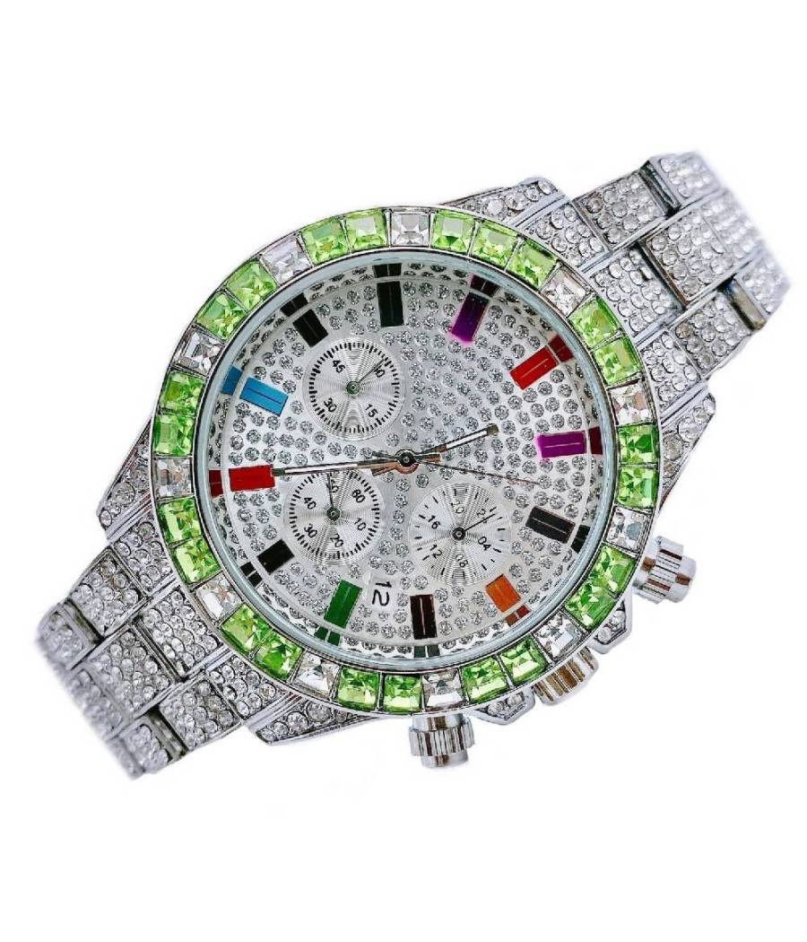 Orologio Da Polso Unisex Quarzo Acciaio Data Diamond Strass Silver Ghiera Verde --0