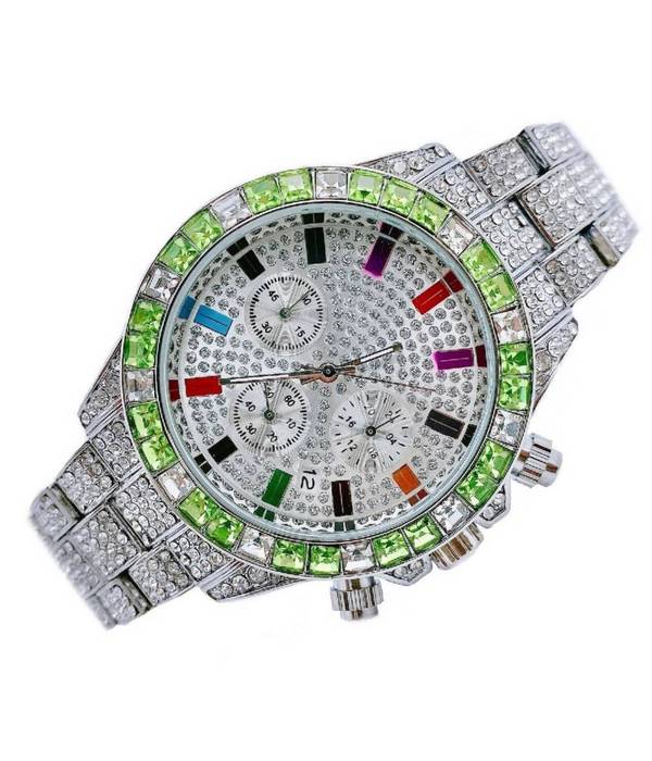Orologio Da Polso Unisex Quarzo Acciaio Data Diamond Strass Silver Ghiera Verde -