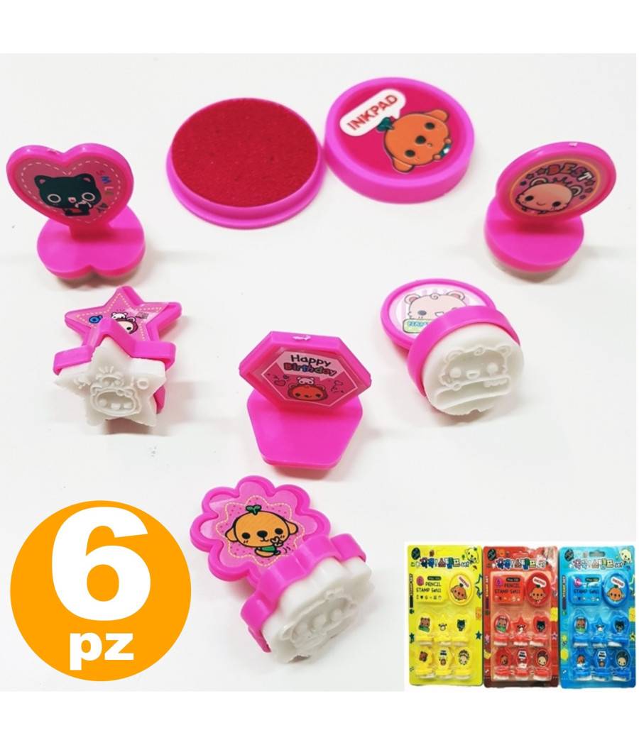 Set 6 Timbri Cartoon Messaggi Colorati Divertenti Con Tampone Inchiostro Bambina --0