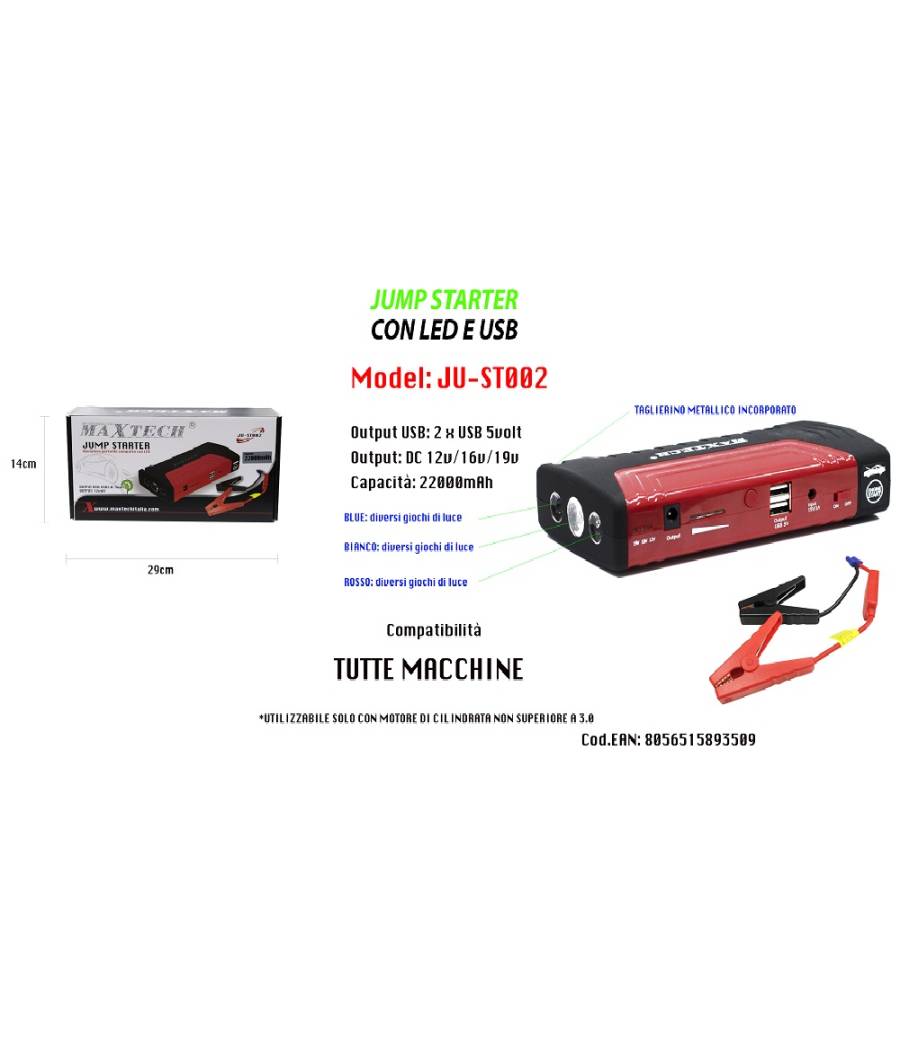 Jump Starter Portatile 2200a Avviatore Batteria Auto Moto 12v Caricabatteria Usb --1