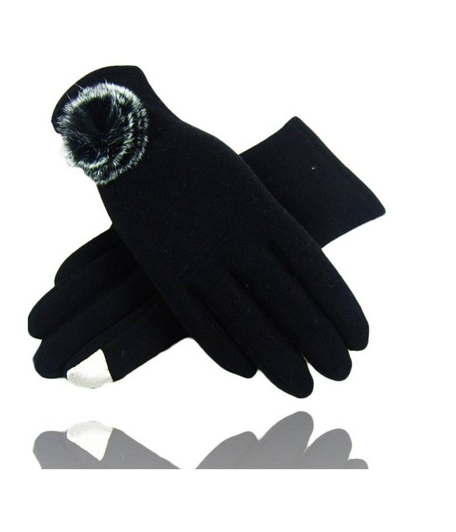 Guanti Tessuto Nero Cotone Pon Pon Guanto Taglia 8 Gloves Invernale Fodera Pile --0