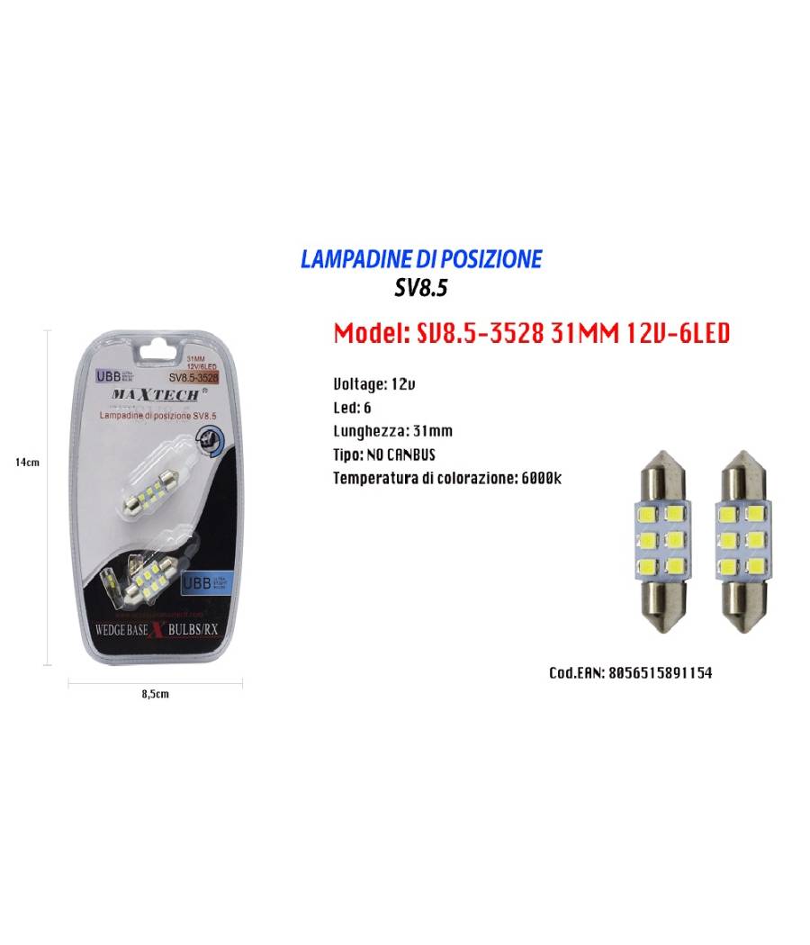 Lampadine Posizione Maxtech Sv8.5-3528 31mm 12v 6led Lampadine Ultra Luminose 6000k --1