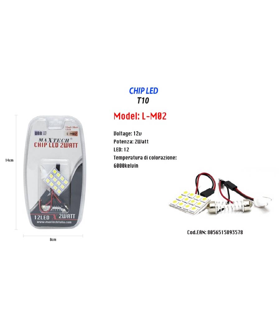 Chip Led T10 2 Watt 12v 12 Led 6000k Auto Luce Ultra Luminose Maxtech L-m02 --1