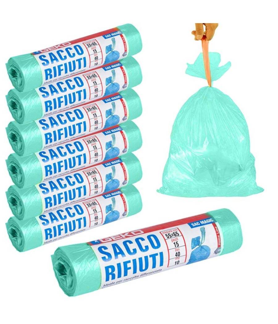 7x Rotoli Sacchetti Buste Spazzatura 40lt 55x65cm Chiusura Laccetto Verde 105pz --0