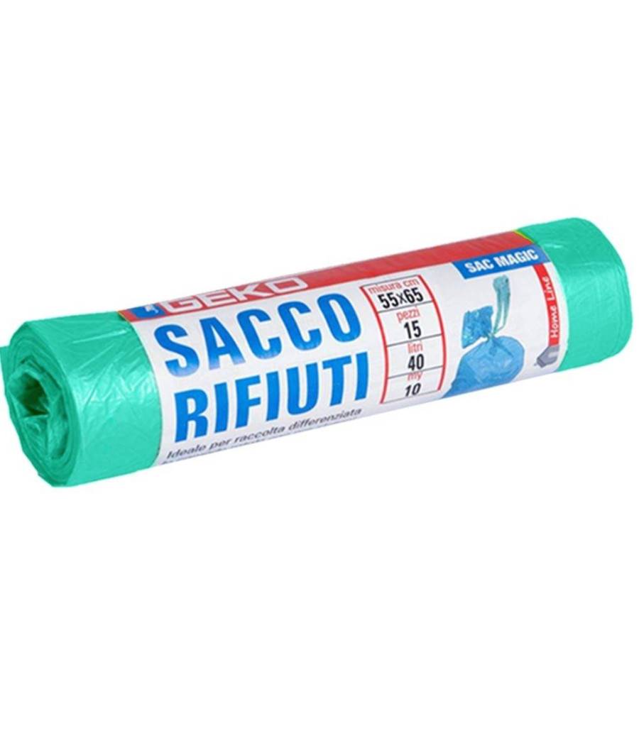 7x Rotoli Sacchetti Buste Spazzatura 40lt 55x65cm Chiusura Laccetto Verde 105pz --2