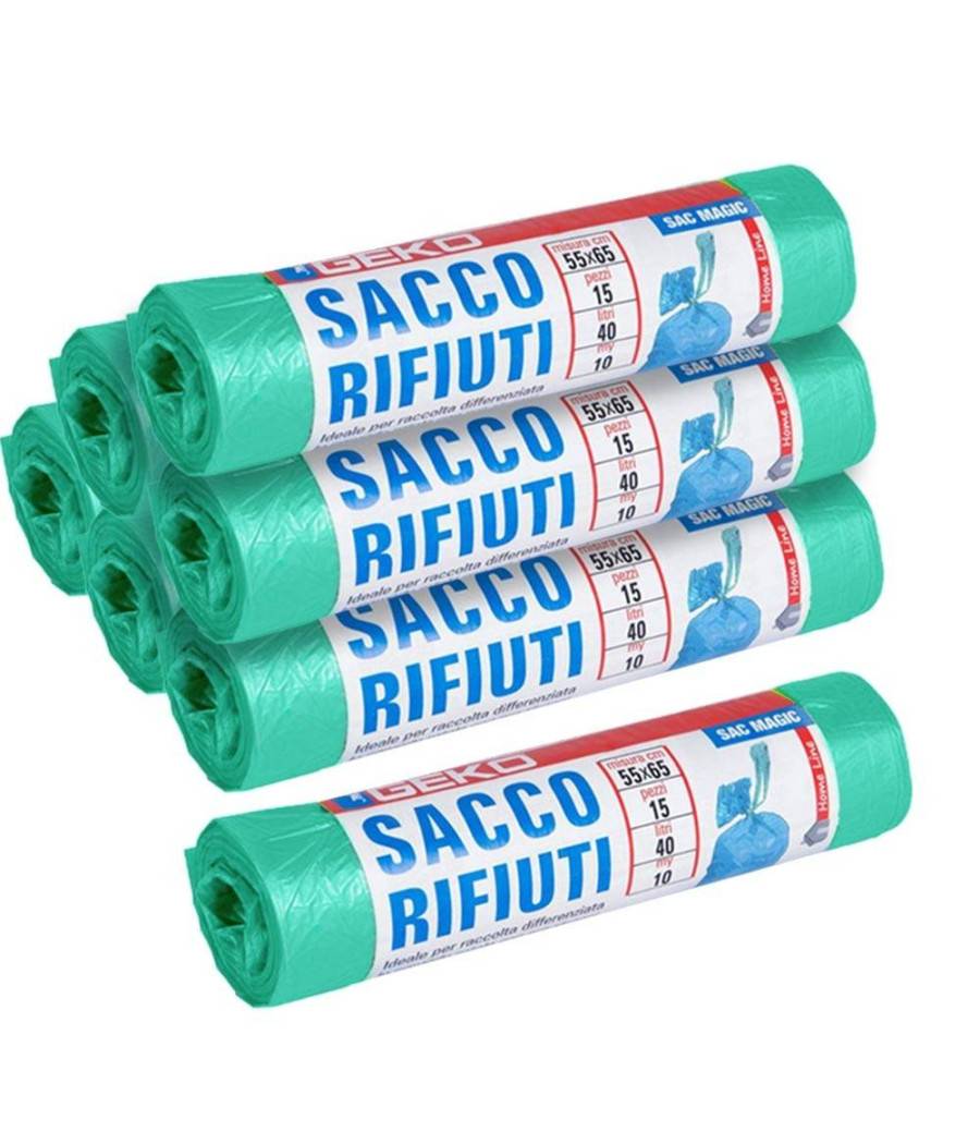 7x Rotoli Sacchetti Buste Spazzatura 40lt 55x65cm Chiusura Laccetto Verde 105pz --4