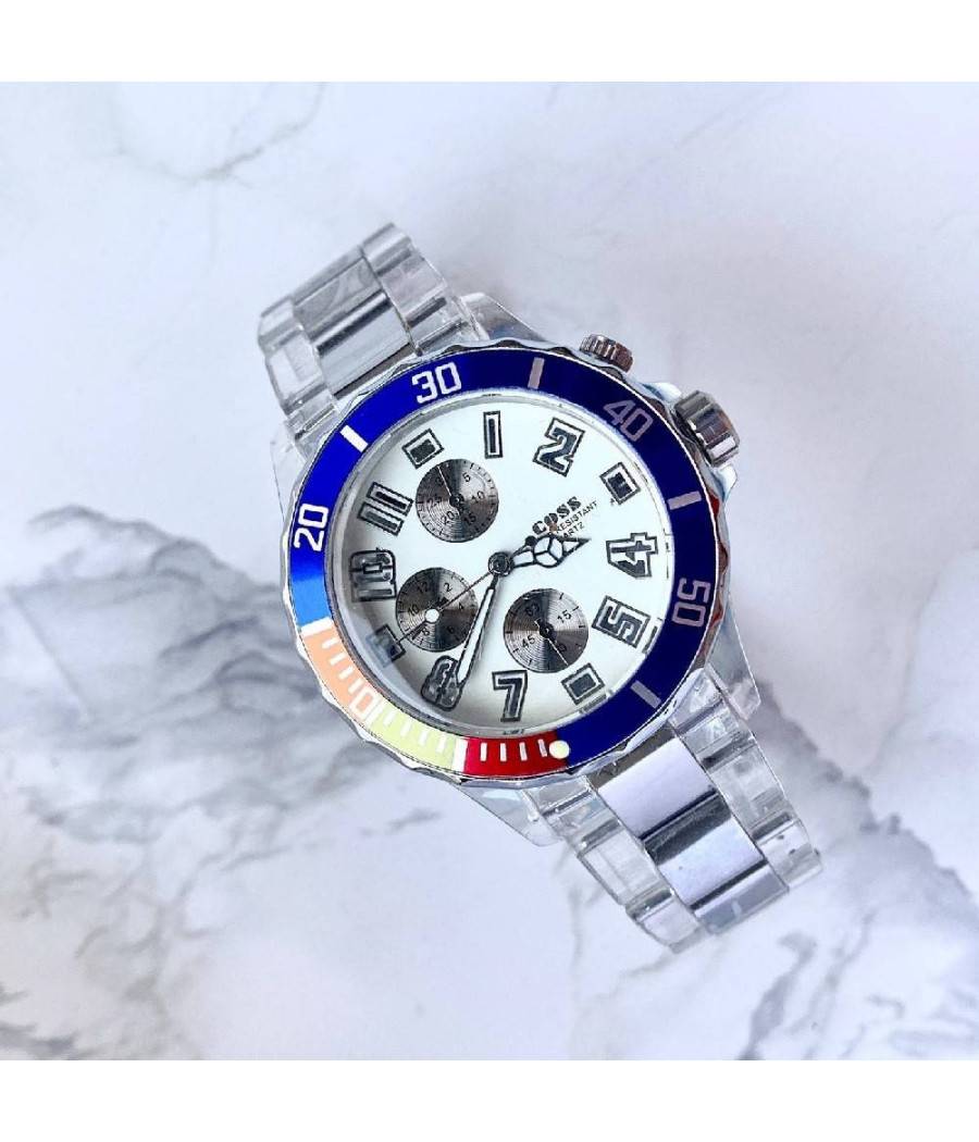 Orologio Polso Coss Uomo Analogico Quarzo Luminoso Silver Blu Quadrante Bianco --0