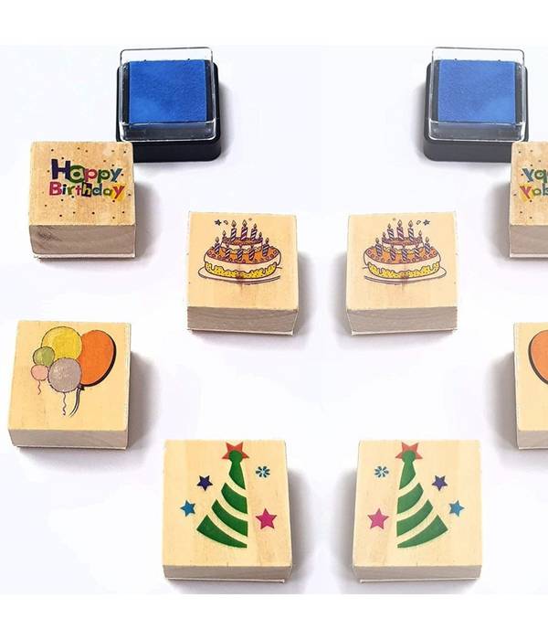 Set 4 Pezzi Timbri Effetto Legno Quadrato Happy Birthday Timbro Timbrini -