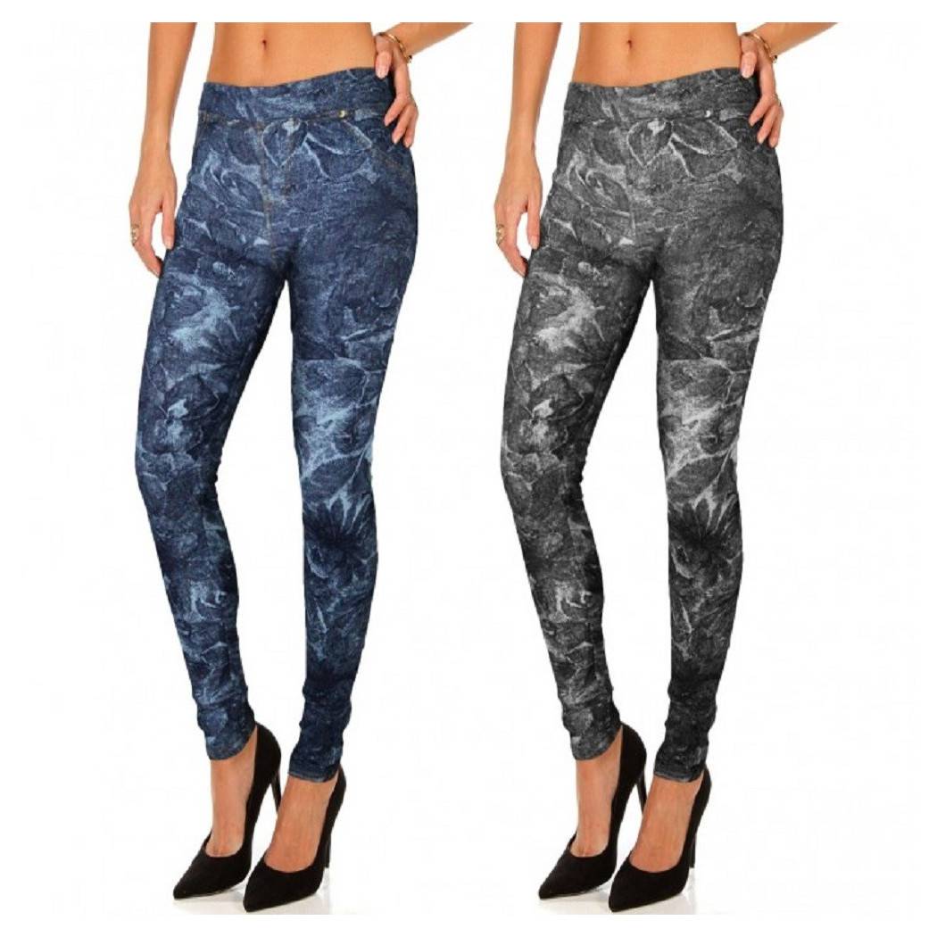 Set 2 Leggings Stile Denim Mod. Alisya Con Trama Floreale E Tasche - XL-XXL-0