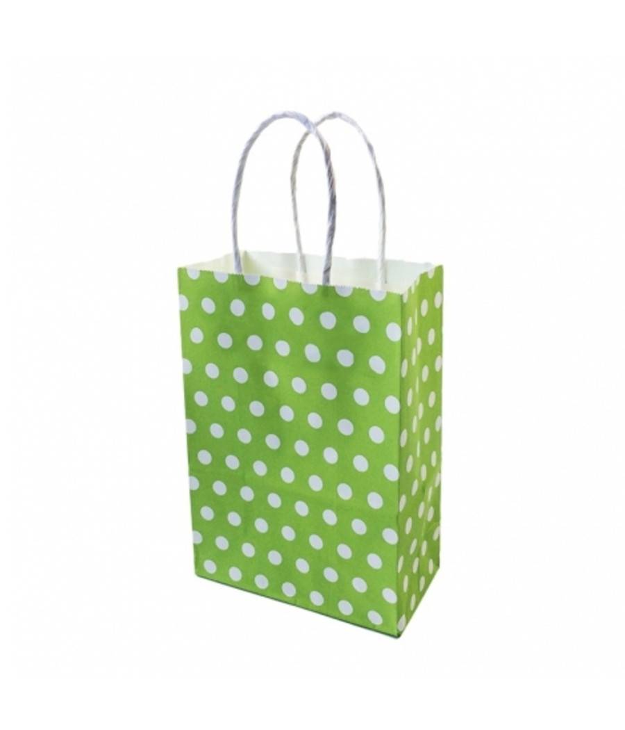 6 Buste Da Regalo Shoppers In Carta Con Manici Verde Pois 21x14.5x8 Cm Sacchetti --0