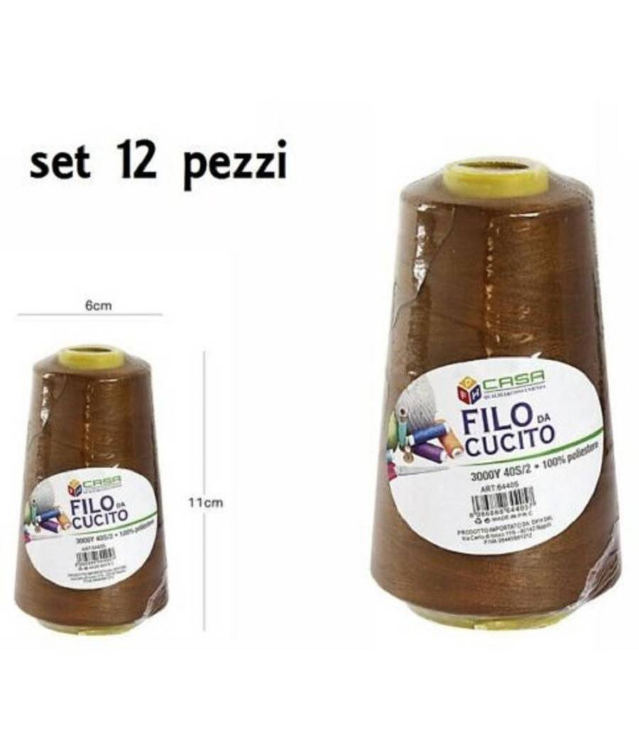 Set 12 Pz Filati A Cono Filo Poliestere Cucito 3000y 40s/2 Marrone 64405 Cotone --1