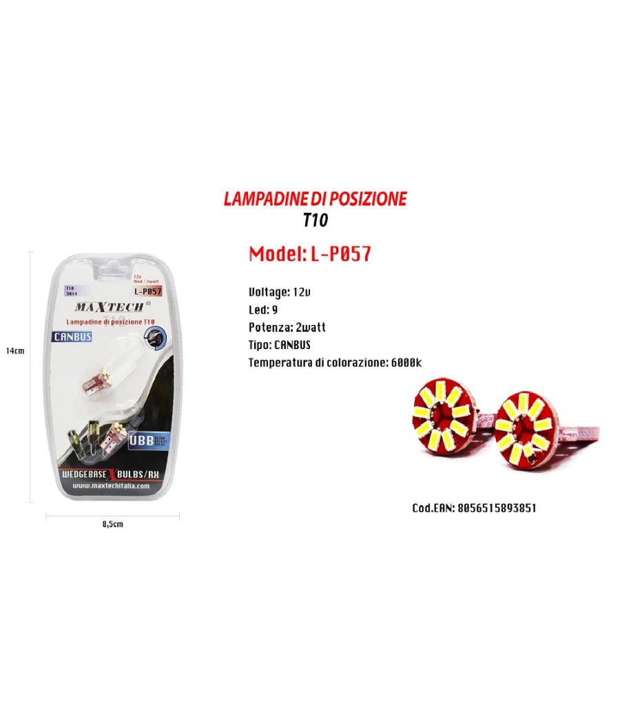 Lampadine Di Posizione Canbus Maxtech L-p057 12v 9 Led 2w 6000k Ultra Luminose --1