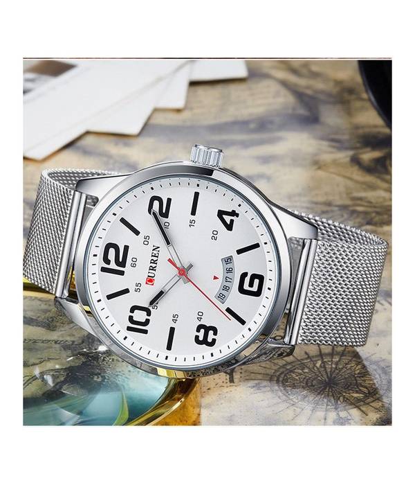 Orologio Da Polso Curren 8236 Uomo Analogico Quarzo Military Data Silver Bia -