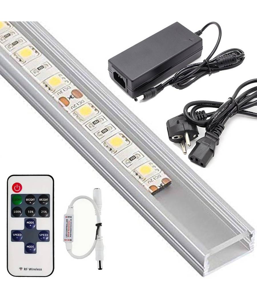 Profilo Barra Alluminio Impermeabile 1 Metro A 72 Led + Alimentatore + Dimmer - -Bianco Caldo -SMD 5630-Copertura Trasp-0