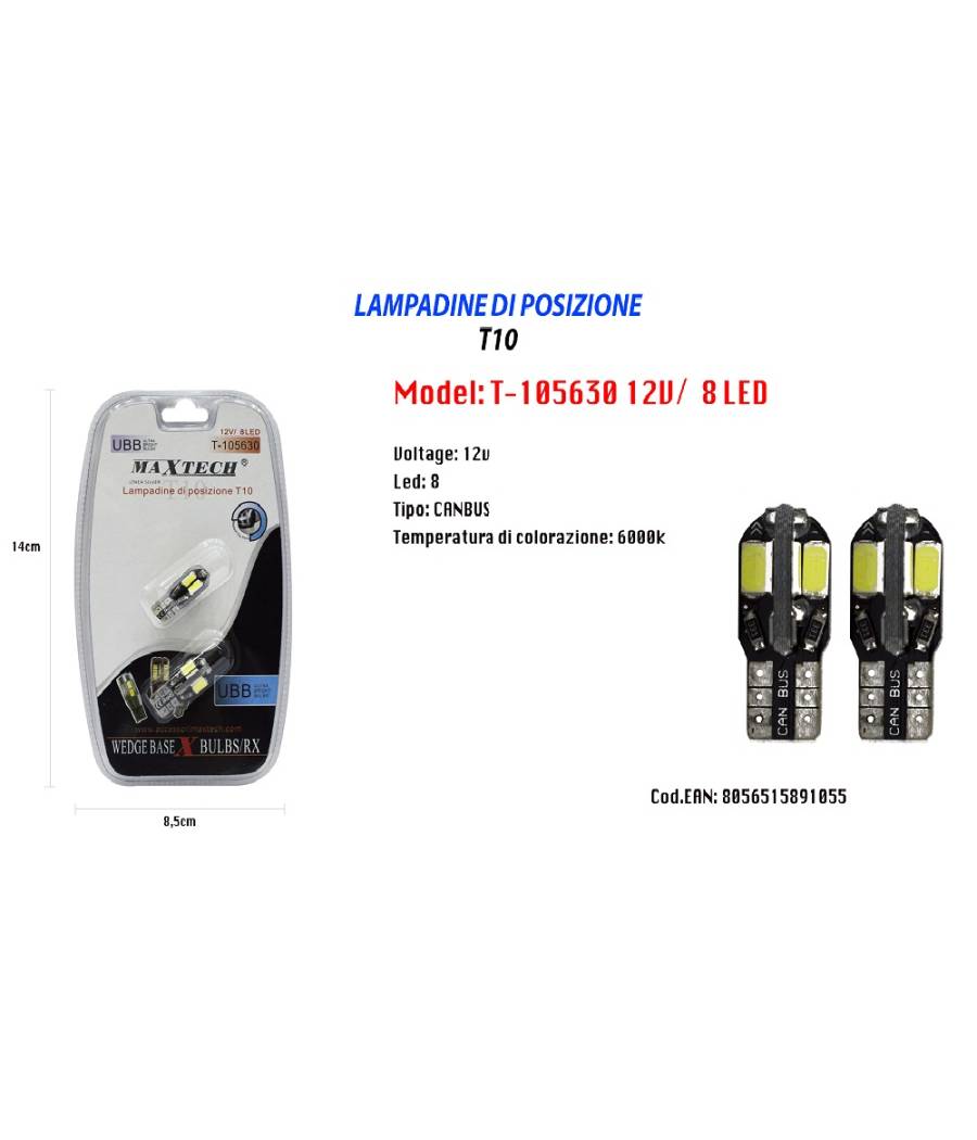 Lampadine Di Posizione T10 Maxtech T-105630 12v 8 Led Lampadine Ultra Luminose --1