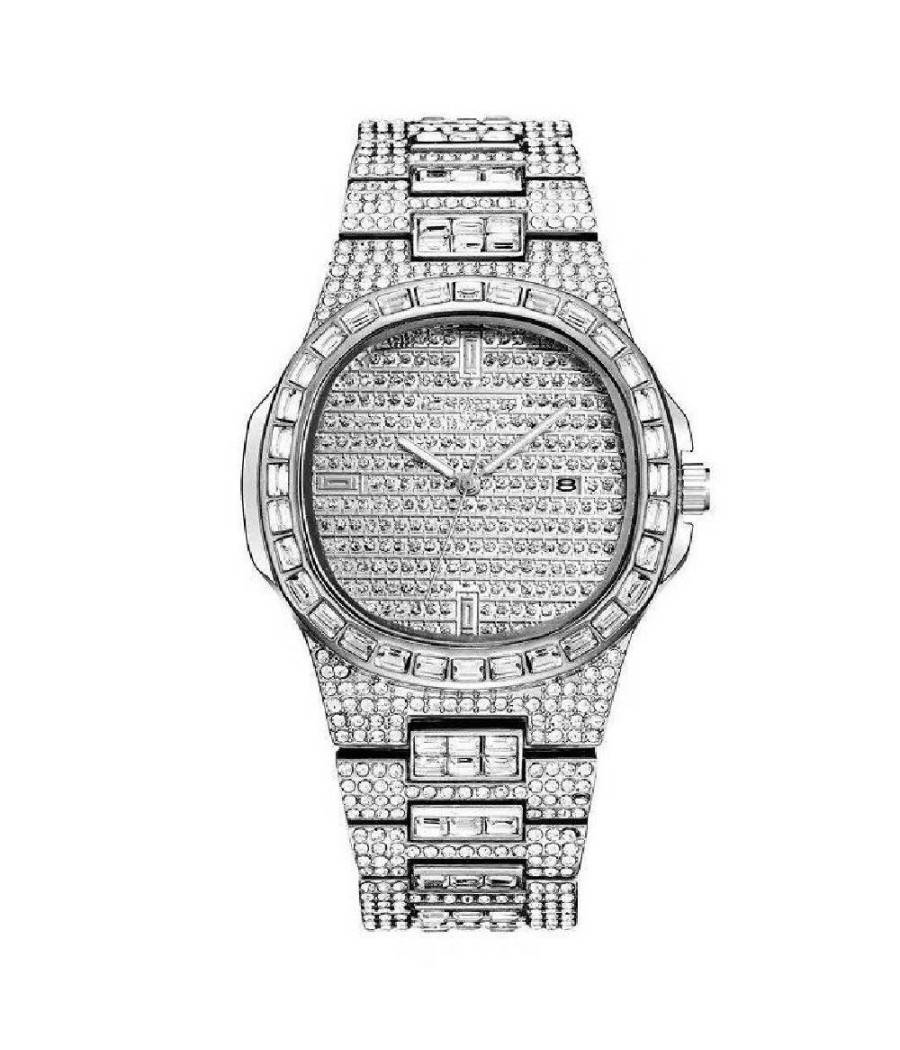 Orologio Polso Donna Acciaio Moda Brillantini Strass Calendario Analogico Silver --0