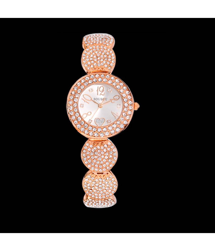 Orologio Da Polso Sousou S6097 Donna Cuore Brillantini Movimento Quarzo Oro Rosa --0