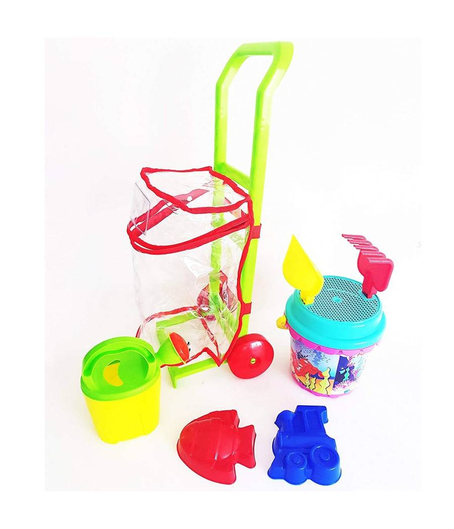 Set 8pz Carrello Con Secchiello Paletta Rastrello Formine Sabbia Gioco Spiaggia Mare Bambini --0