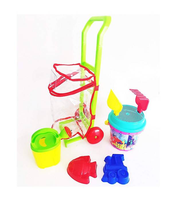 Set 8pz Carrello Con Secchiello Paletta Rastrello Formine Sabbia Gioco Spiaggia Mare Bambini -