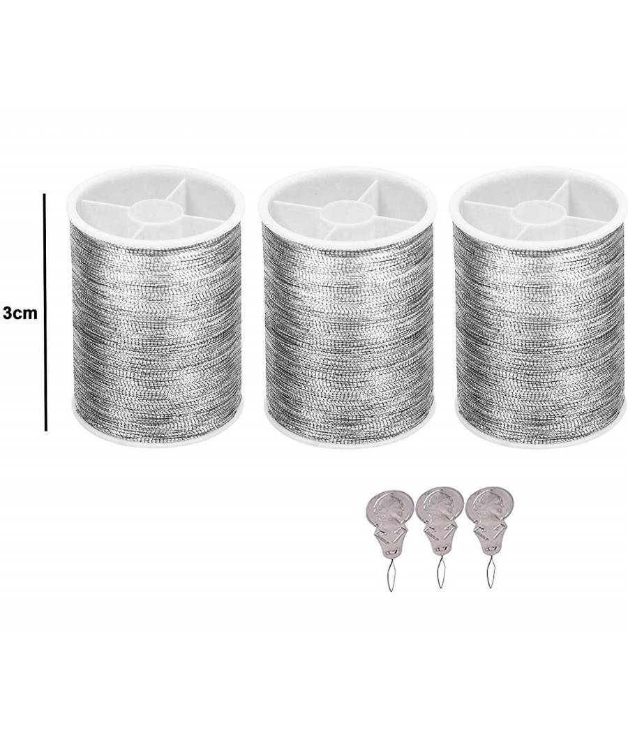 3 Bobine Rotoli Filo Poliestere Metallico + Infila Ago Argentato Ricamo Cucito --0