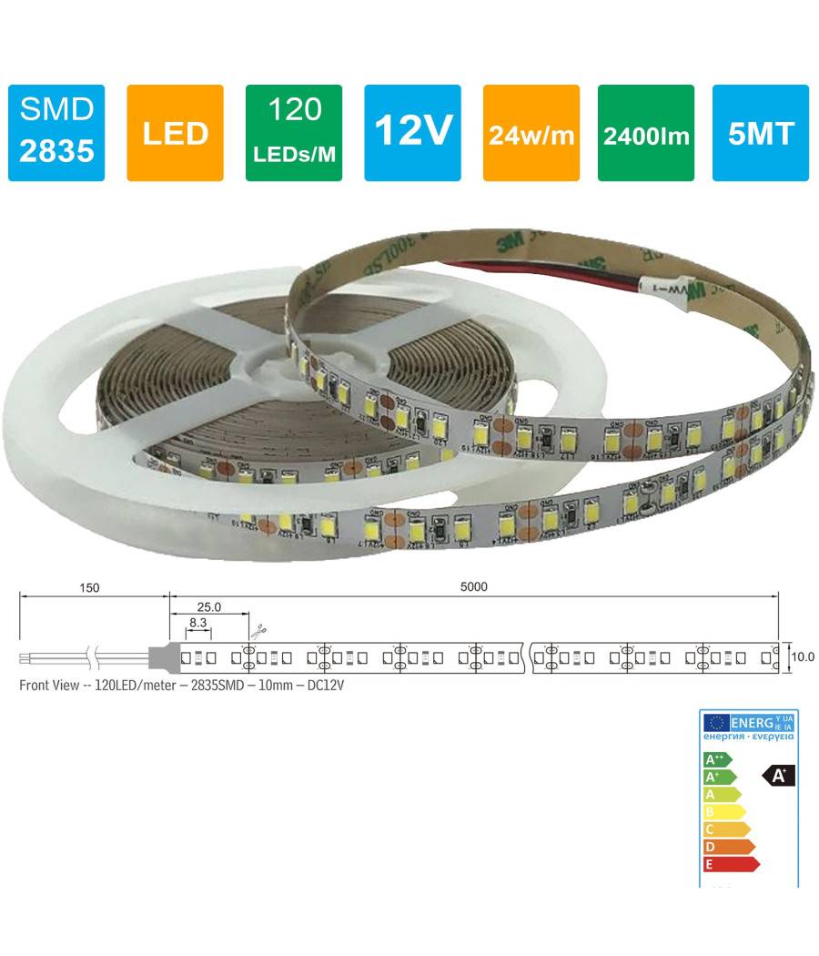 Strip Led Striscia 600 Leds/m 12v 24w/m Lunghezza 5 Mt 2400 Lumen Senza Guaina - -Bianco Naturale --1